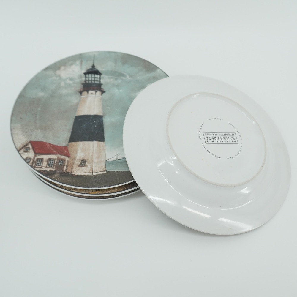 David Carter Brown Salad Plates Set of 4 Multicolor Lighthouse Nautical 8.25"